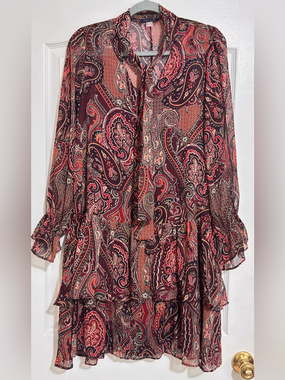 Tommy Hilfiger Paisley Tie-Neck Long Sleeve Tunic Dress - Red, Burgundy, Black